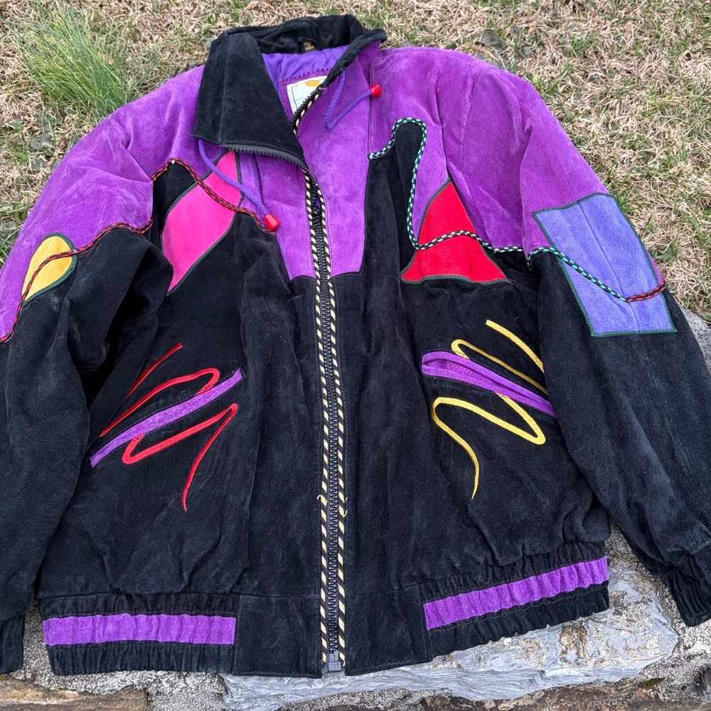 Colorblock Suede Bomber Jacket - Black & Purple